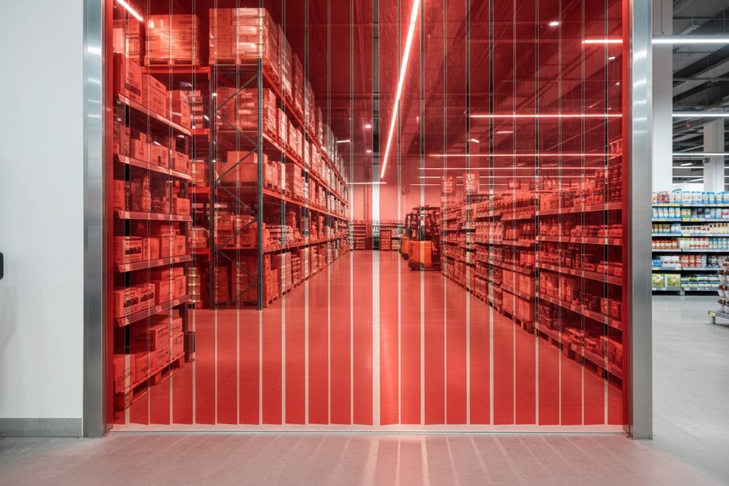 Bobina in pvc rosso trasparente per porte a strisce