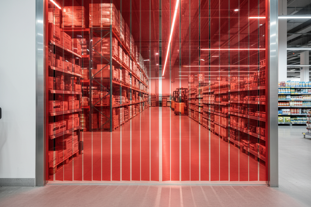 Bobina in pvc rosso trasparente per porte a strisce